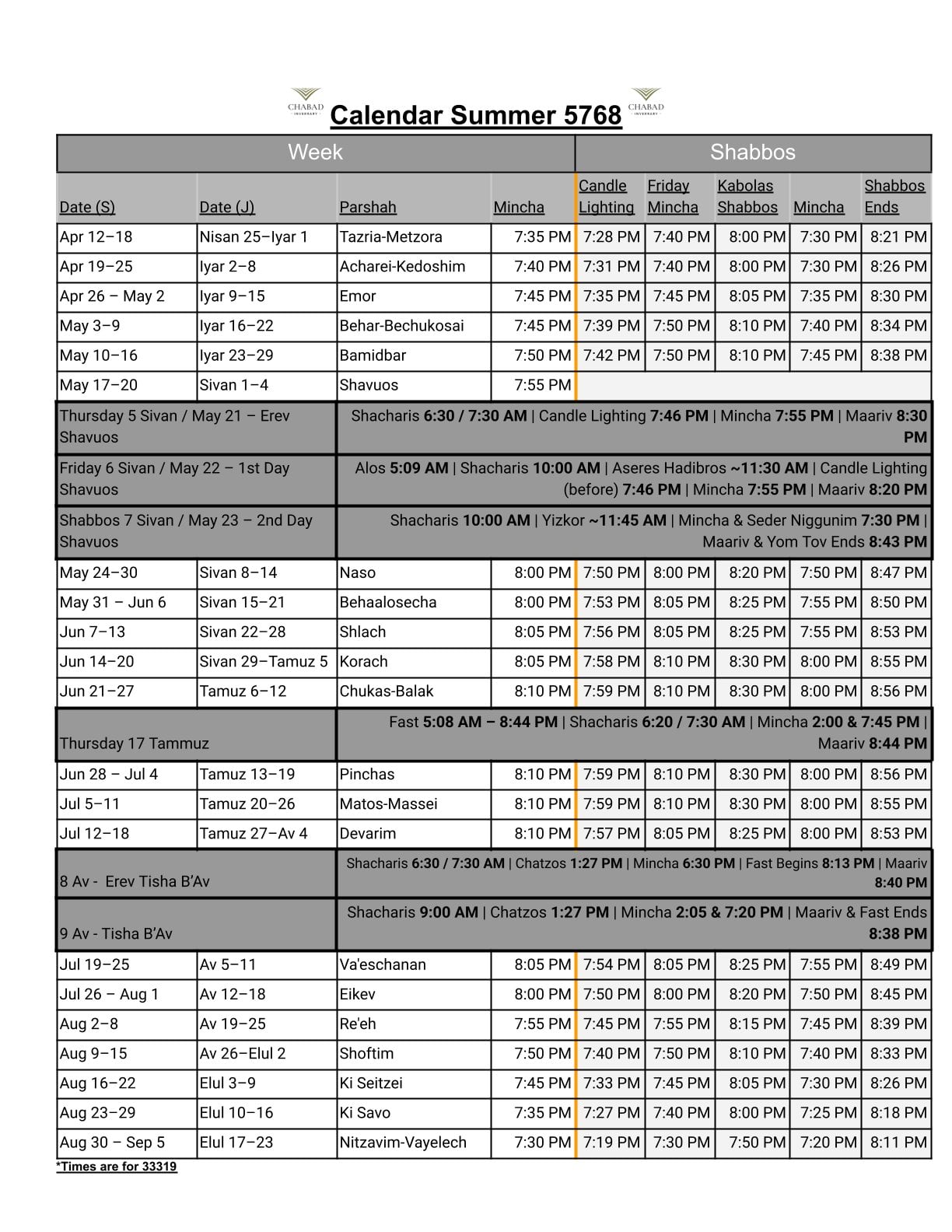 Weekly Shabbos Calendar